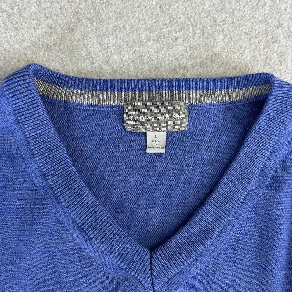 Thomas Dean V-Neck Sweater Blue Extrafine Merino Wool Old Money Mens Large READ